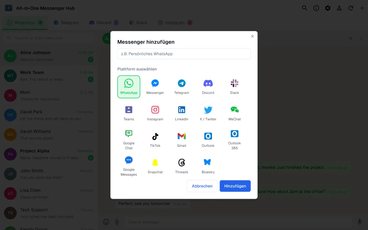 Messenger-hinzufügen-Dialog mit 21 unterstützten Messaging- und E-Mail-Plattformen