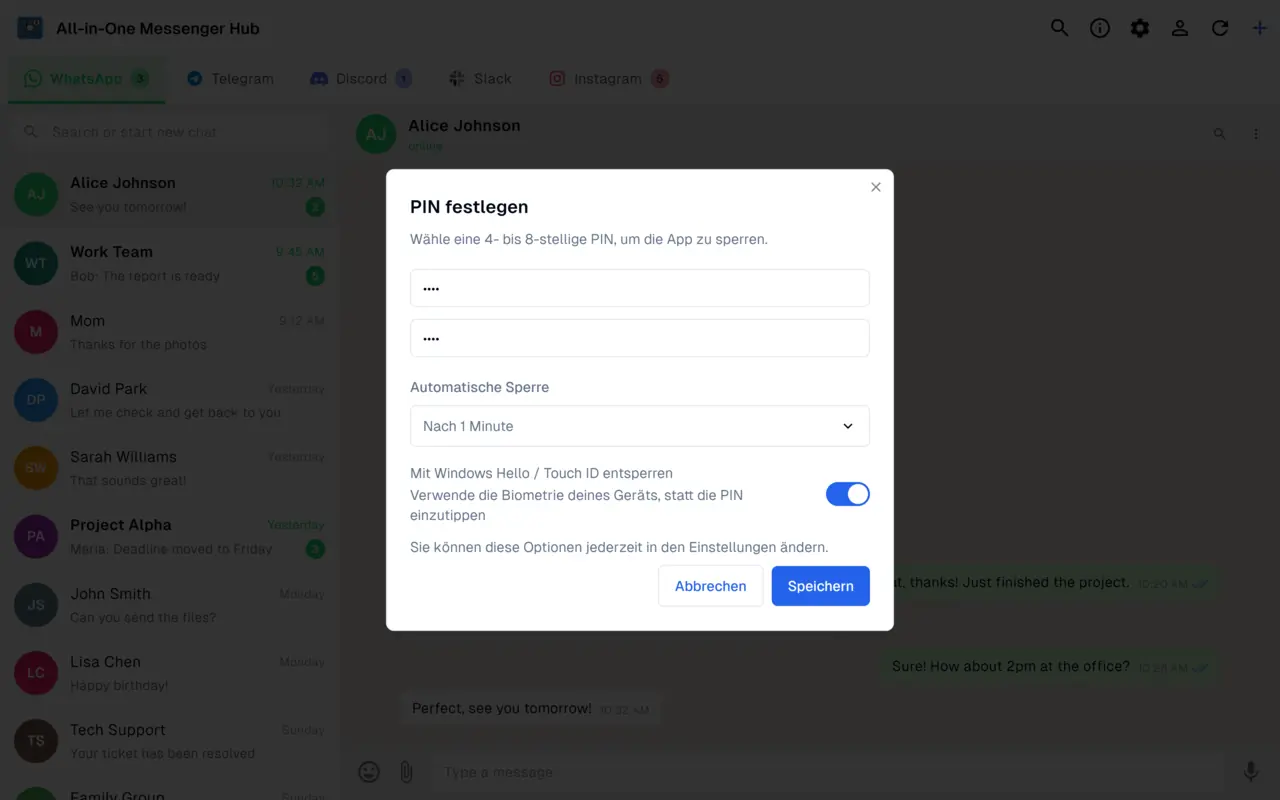 App-Sperre mit PIN, biometrischer Entsperrung und automatischer Sperre, die Messaging-Sitzungen privat hält