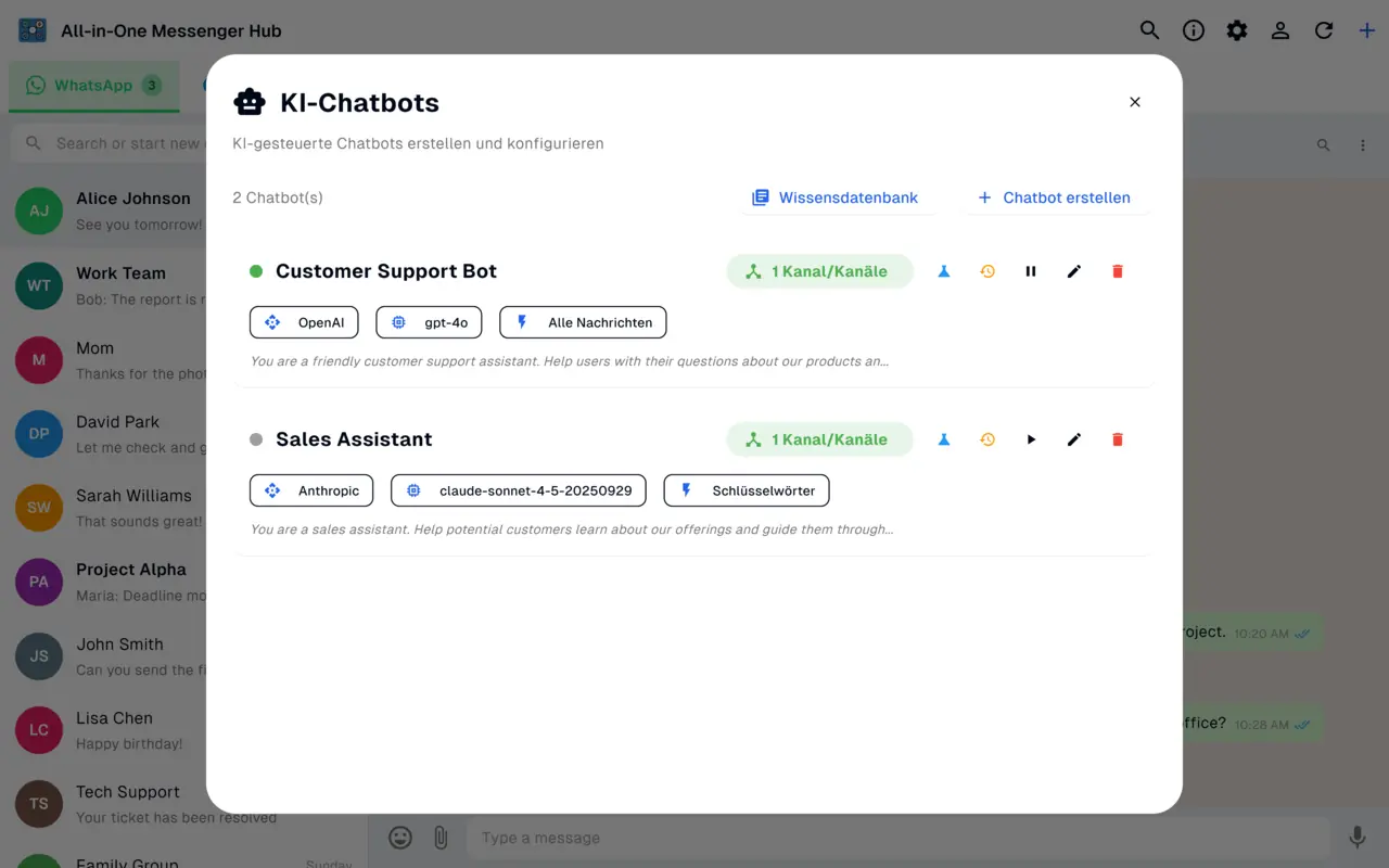 KI-Chatbot-Manager, der Auto-Antwort-Bots mit OpenAI und Anthropic für WhatsApp, Messenger und Instagram erstellt