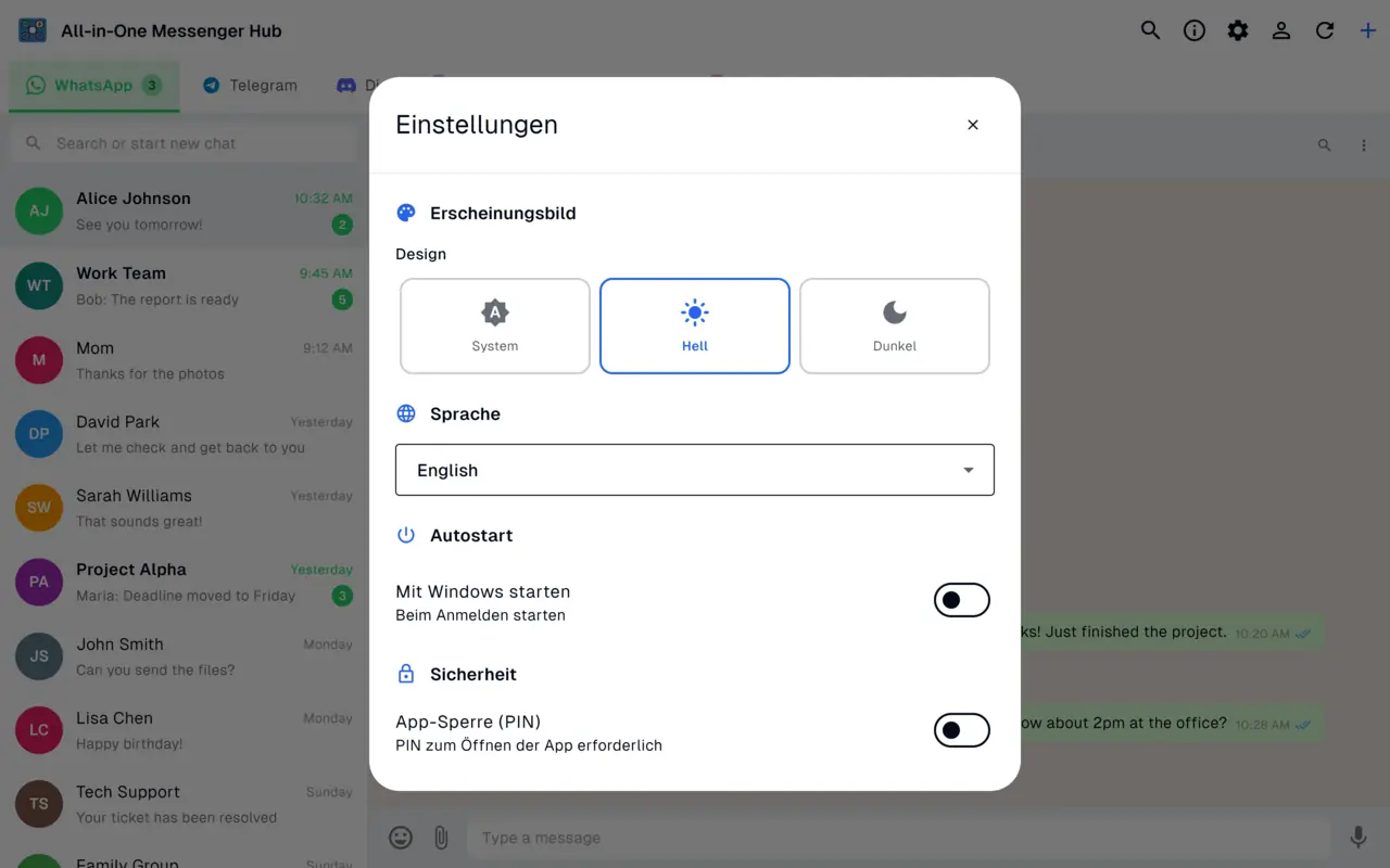 Einstellungsbereich mit hellen, dunklen und Systemdesigns sowie Windows-Startoptionen