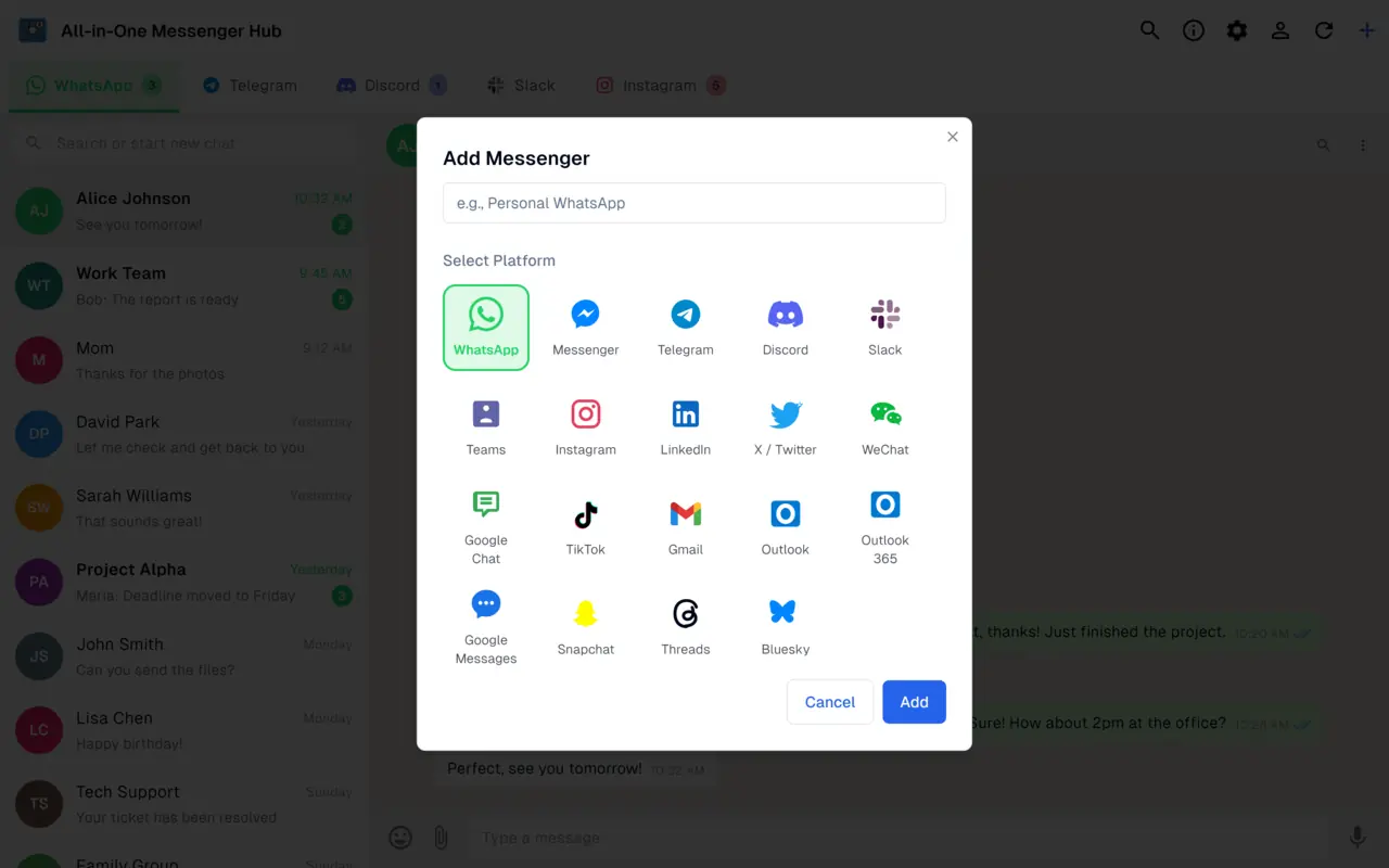 Add messenger dialog listing 21 supported messaging and email platforms