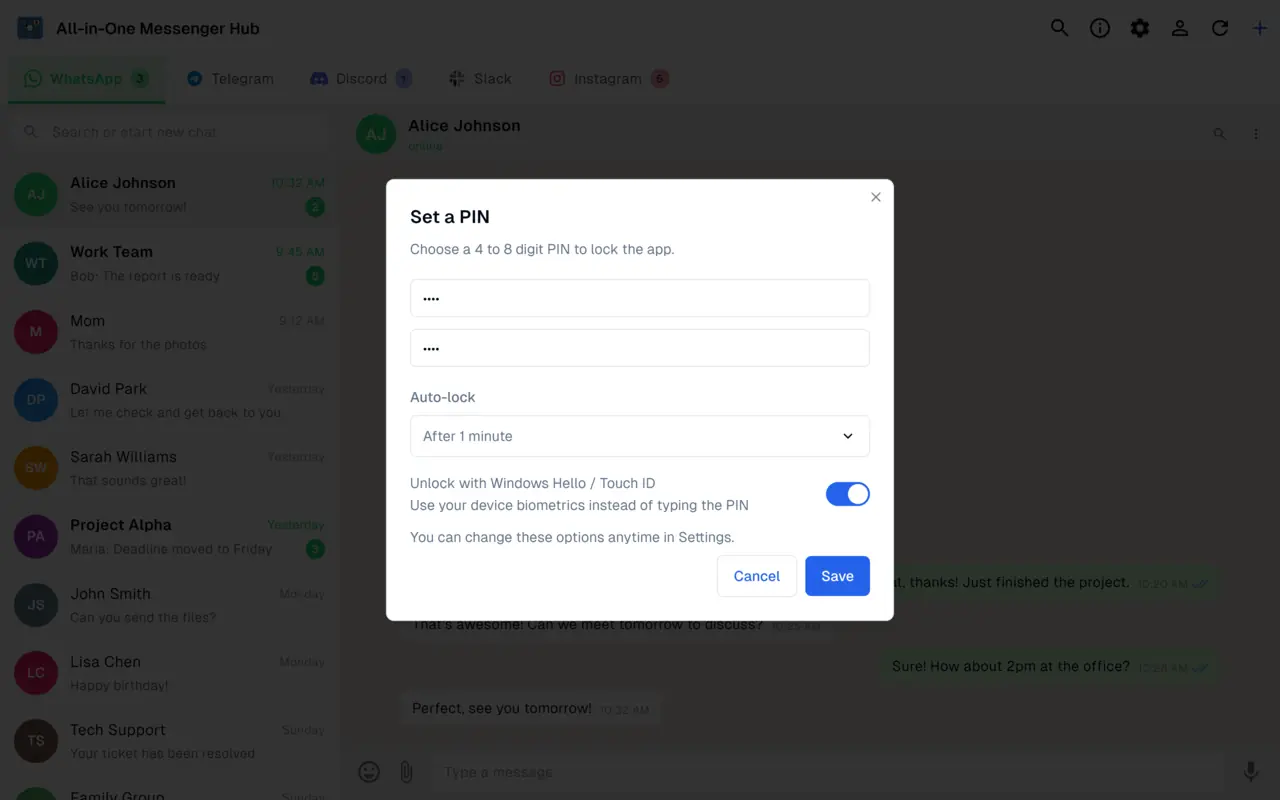 App lock with PIN, biometric unlock and auto-lock keeping messaging sessions private