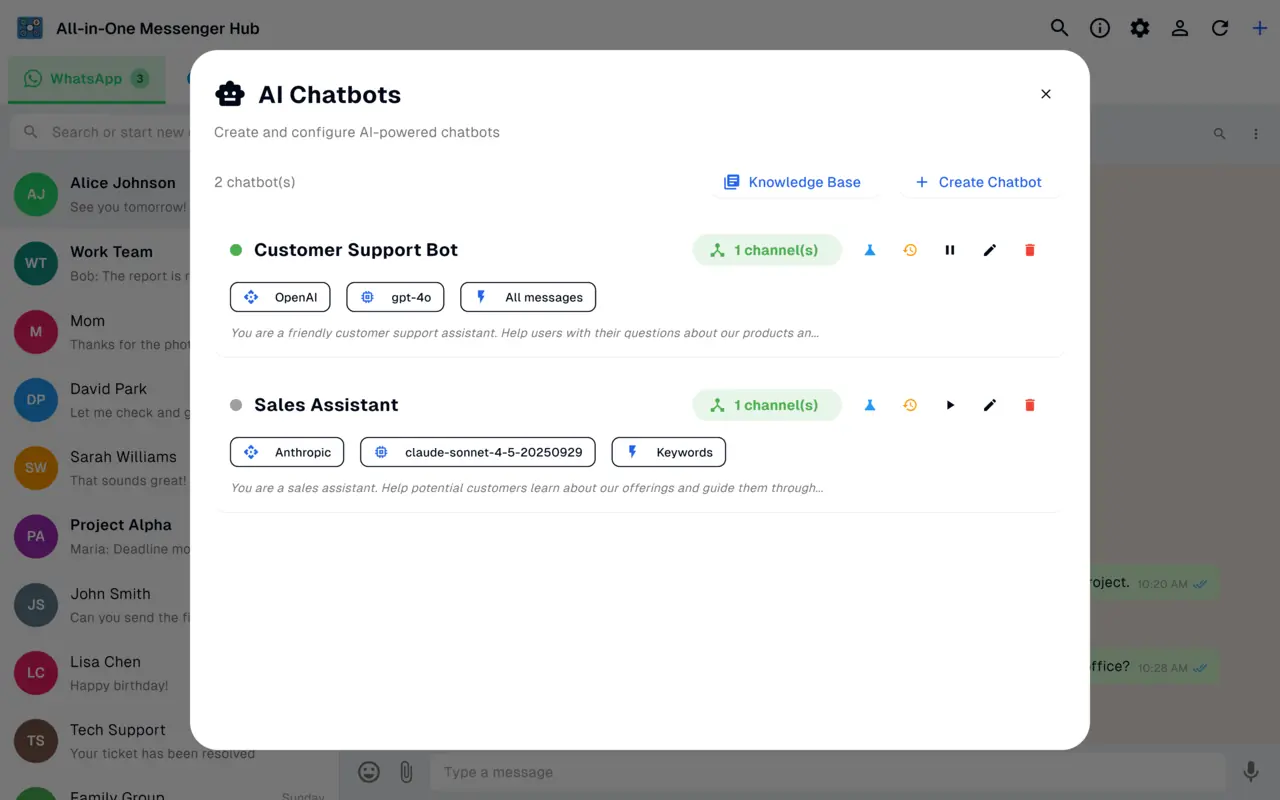 AI chatbot manager creating auto-reply bots with OpenAI and Anthropic for WhatsApp, Messenger and Instagram
