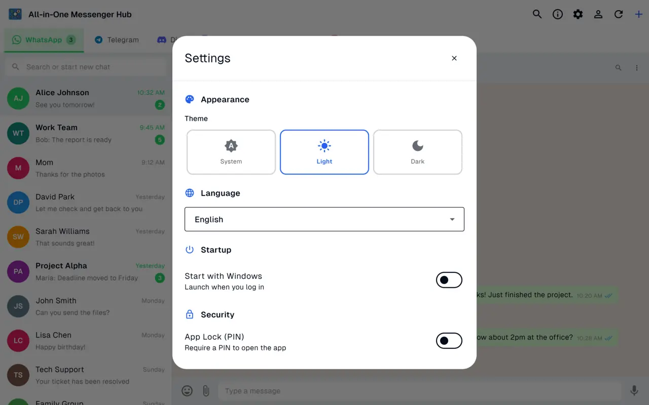 Settings panel with light, dark and system themes and Windows startup options