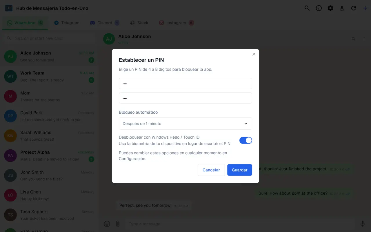 Bloqueo de la app con PIN, desbloqueo biométrico y bloqueo automático que mantiene privadas las sesiones de mensajería