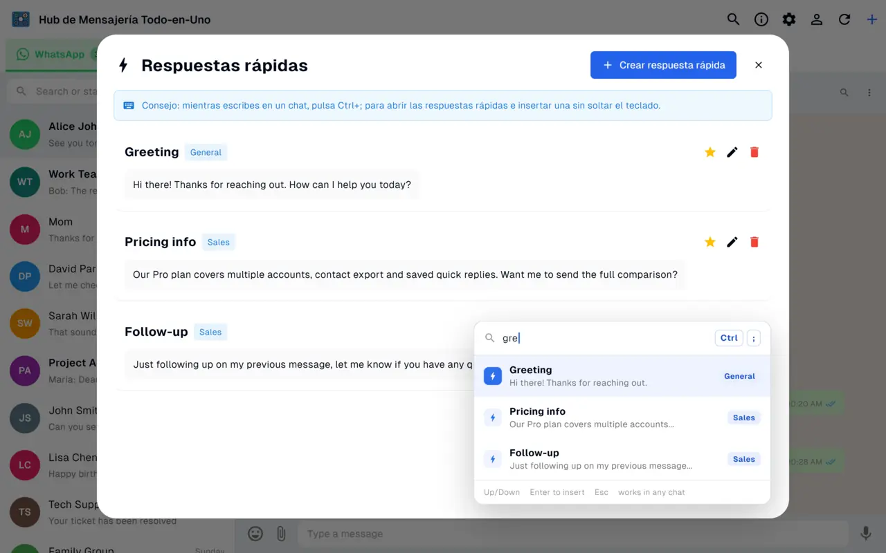 Respuestas rápidas sincronizadas en todos los dispositivos e insertadas con Ctrl+;