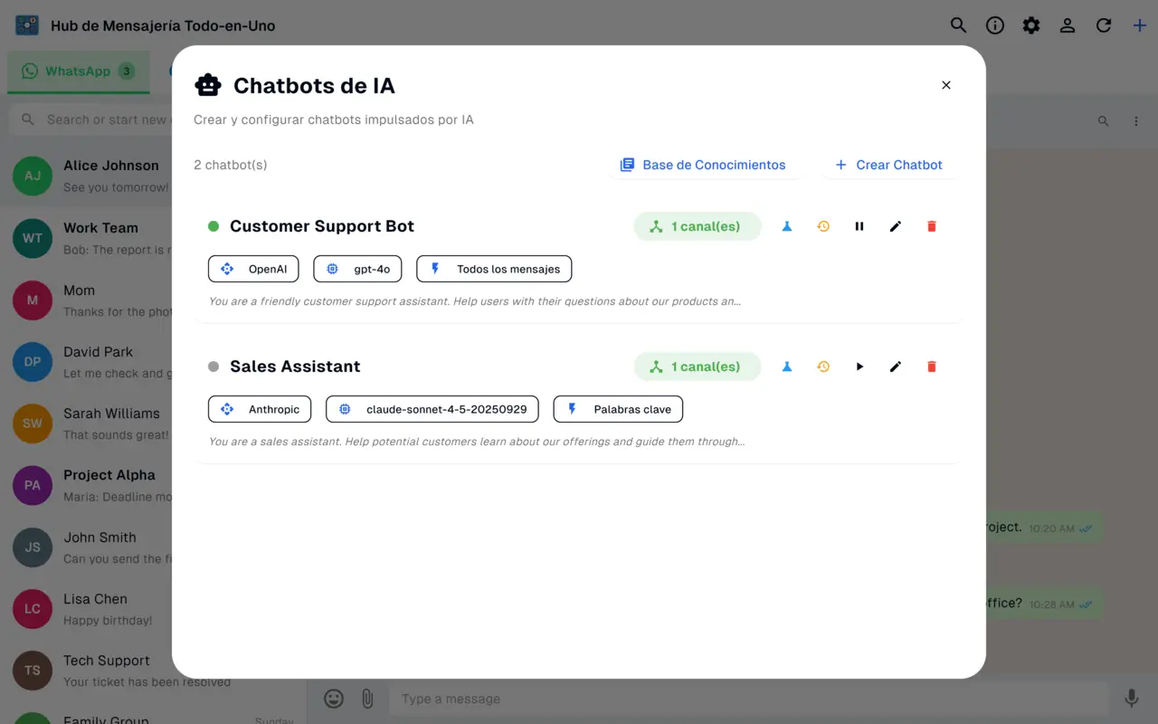 Gestor de chatbots de IA creando bots de respuesta automática con OpenAI y Anthropic para WhatsApp, Messenger e Instagram