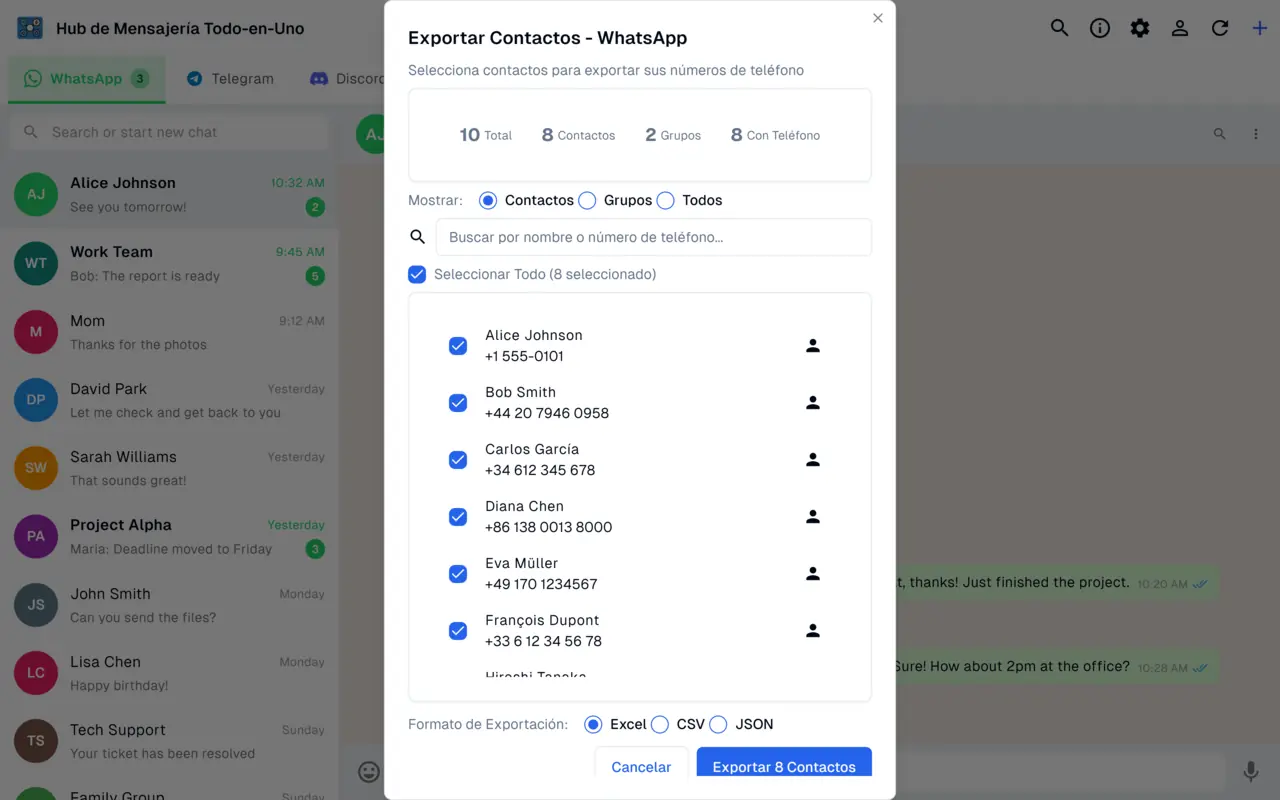Exportando contactos y grupos de WhatsApp a Excel, CSV y JSON