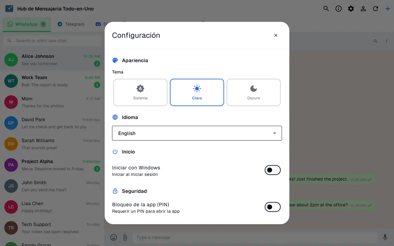 Panel de ajustes con temas claro, oscuro y del sistema y opciones de inicio de Windows