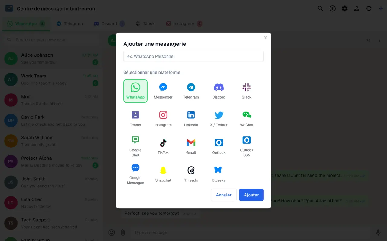 Boîte de dialogue d'ajout de messagerie listant les 21 plateformes de messagerie et d'e-mail prises en charge