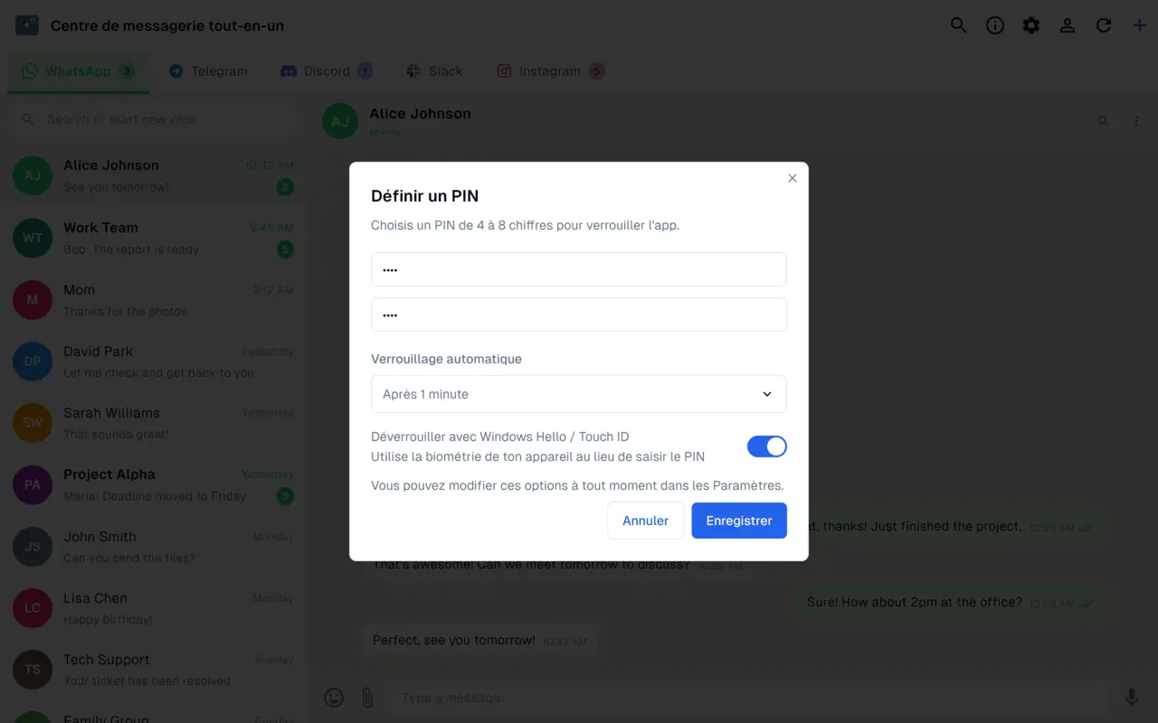 Verrouillage de l'app avec PIN, déverrouillage biométrique et verrouillage automatique gardant les sessions de messagerie privées
