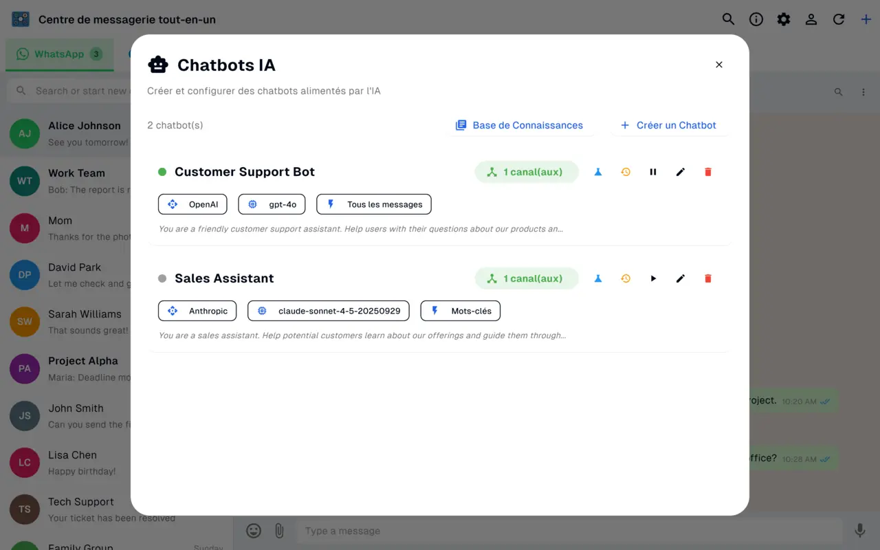 Gestionnaire de chatbot IA créant des bots de réponse automatique avec OpenAI et Anthropic pour WhatsApp, Messenger et Instagram