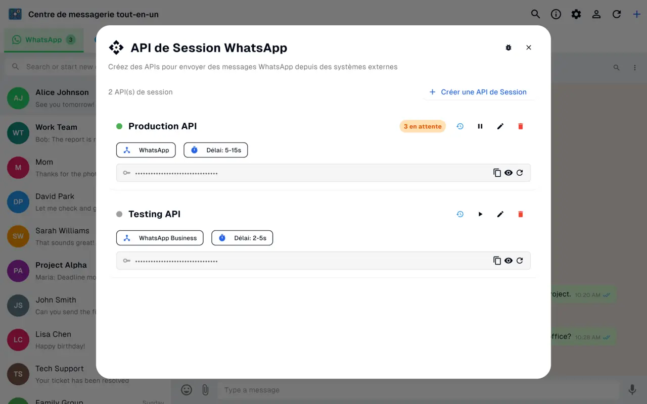Écran de la WhatsApp Session API avec une clé API sécurisée pour la messagerie programmatique