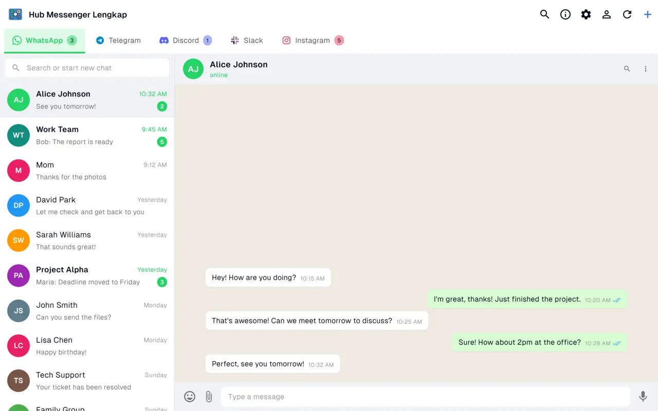 Dasbor All-in-One Messenger Hub dengan tab WhatsApp, Telegram, Discord, Slack, dan Instagram dalam satu jendela