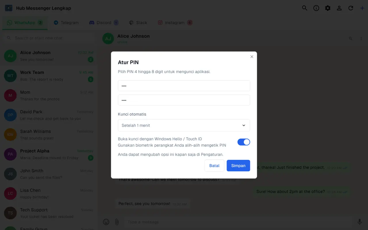 Kunci aplikasi dengan PIN, buka kunci biometrik, dan kunci otomatis yang menjaga sesi pesan tetap privat