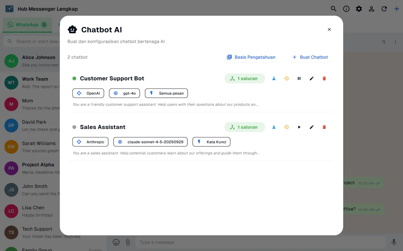 Manajer chatbot AI yang membuat bot balas otomatis dengan OpenAI dan Anthropic untuk WhatsApp, Messenger, dan Instagram