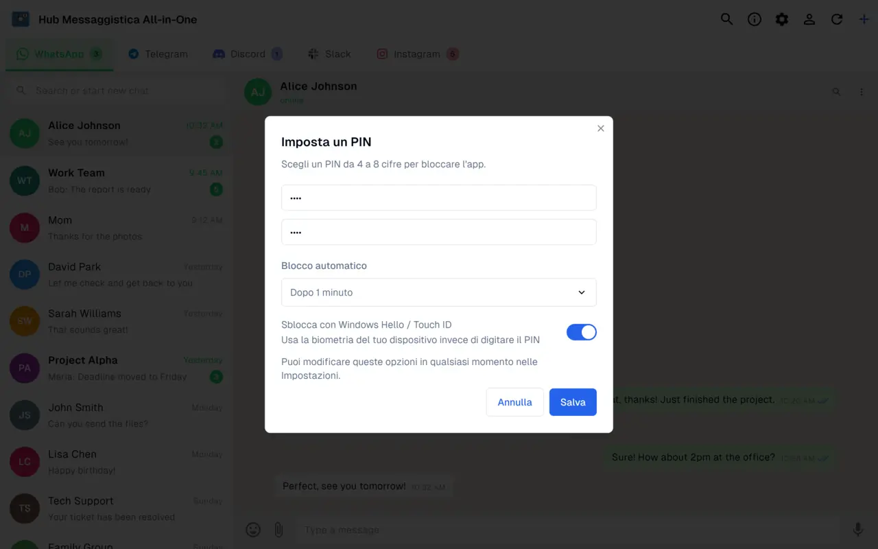 Blocco dell'app con PIN, sblocco biometrico e blocco automatico che mantiene private le sessioni di messaggistica