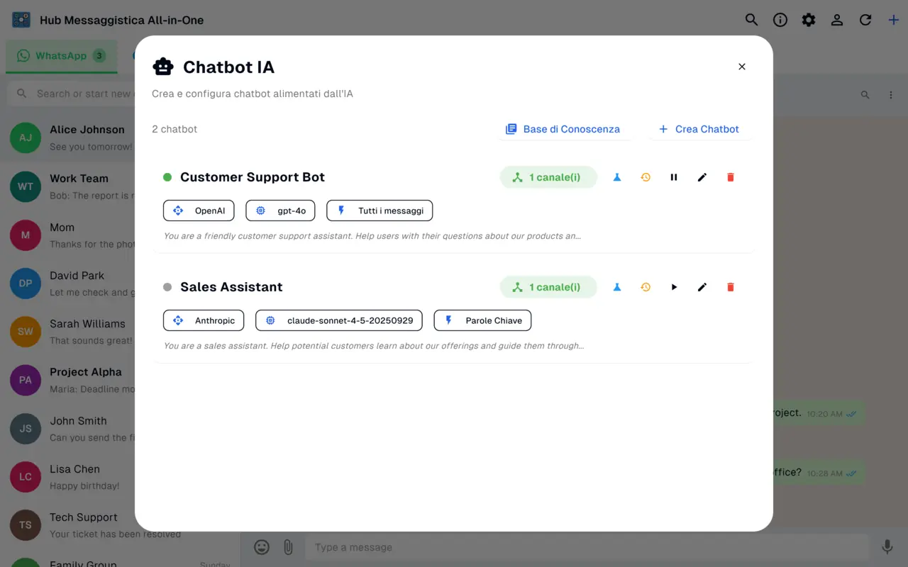Gestore di chatbot AI che crea bot di risposta automatica con OpenAI e Anthropic per WhatsApp, Messenger e Instagram