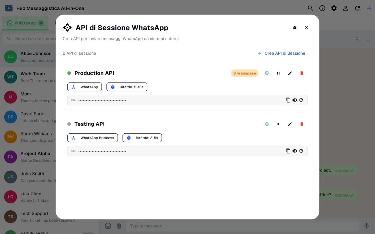 Schermata della WhatsApp Session API con una chiave API sicura per la messaggistica programmatica