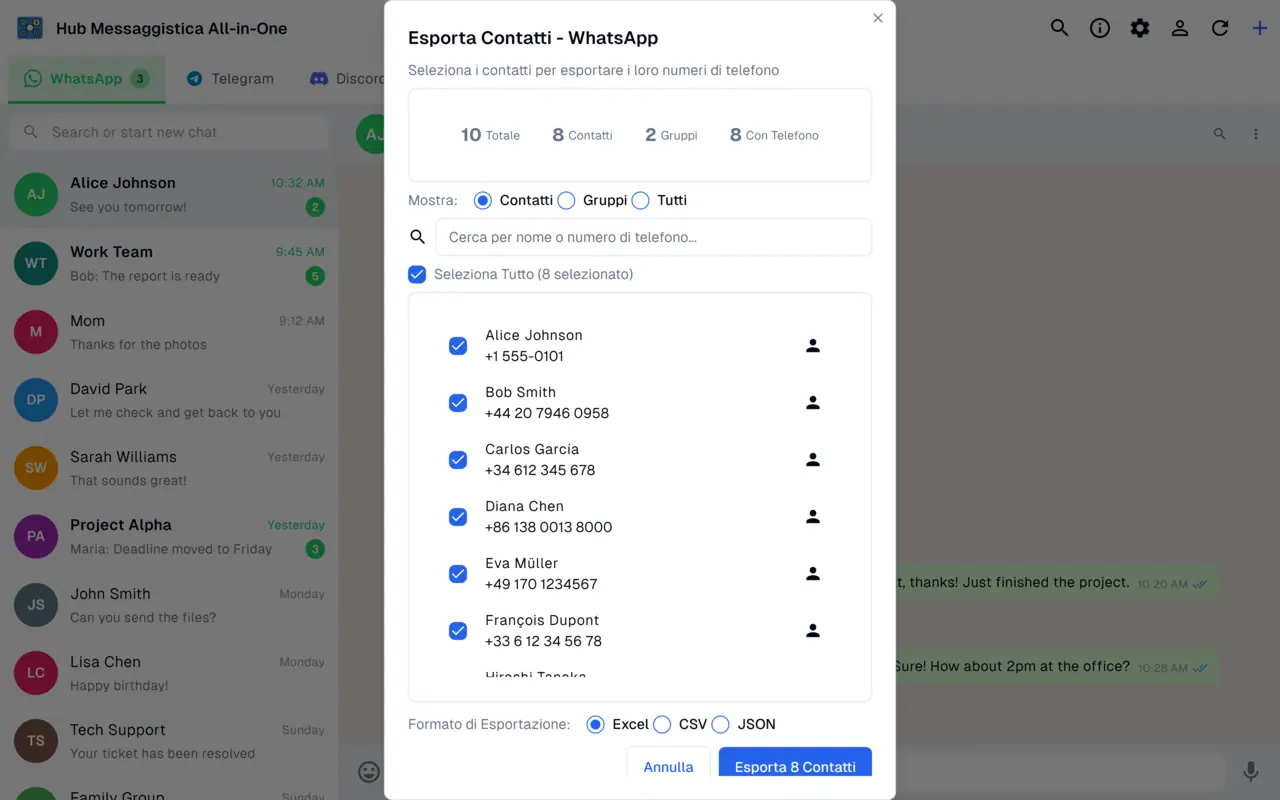 Esportazione di contatti e gruppi WhatsApp in Excel, CSV e JSON
