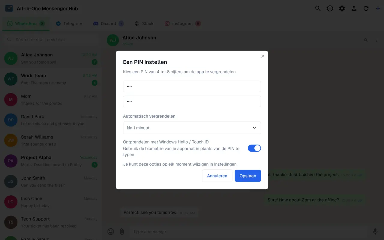 App-vergrendeling met pincode, biometrische ontgrendeling en automatische vergrendeling die berichtensessies prive houdt