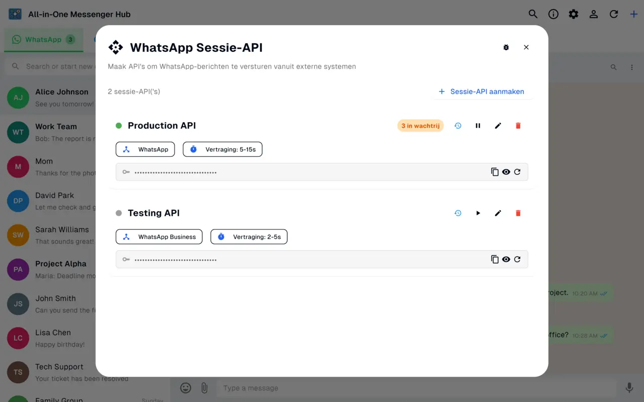 Scherm met WhatsApp Session API met een veilige API-sleutel voor programmatische berichten