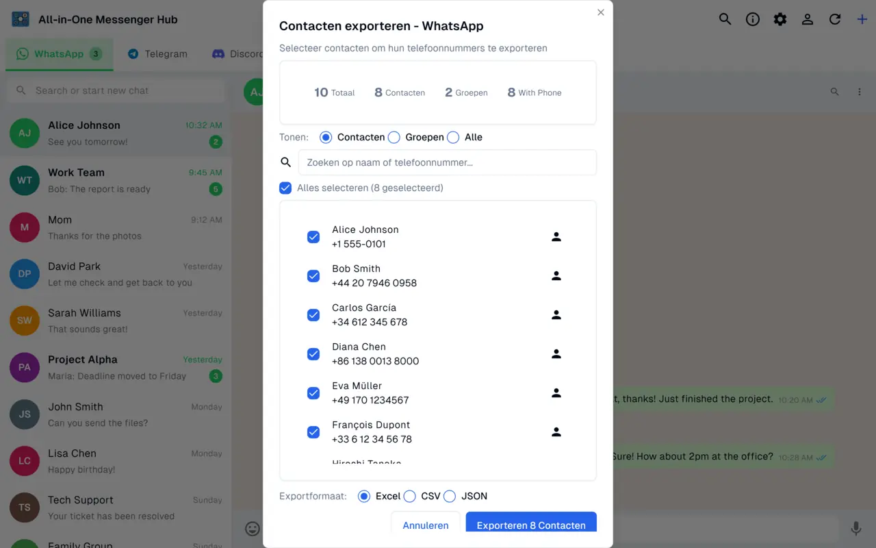 WhatsApp-contacten en -groepen exporteren naar Excel, CSV en JSON