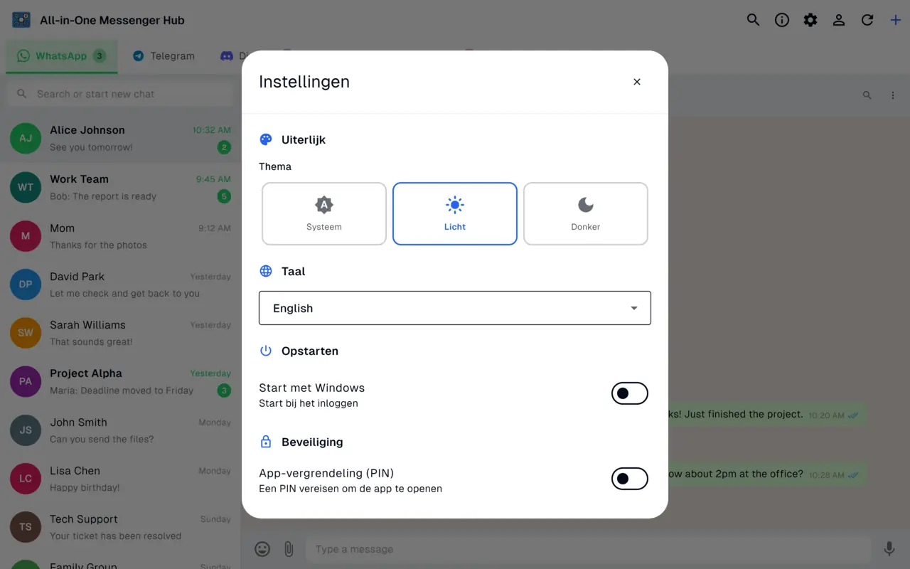 Instellingenpaneel met lichte, donkere en systeemthema's en opstartopties voor Windows