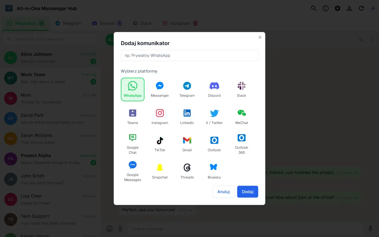 Okno dodawania komunikatora z lista 21 obslugiwanych platform wiadomosci i poczty e-mail