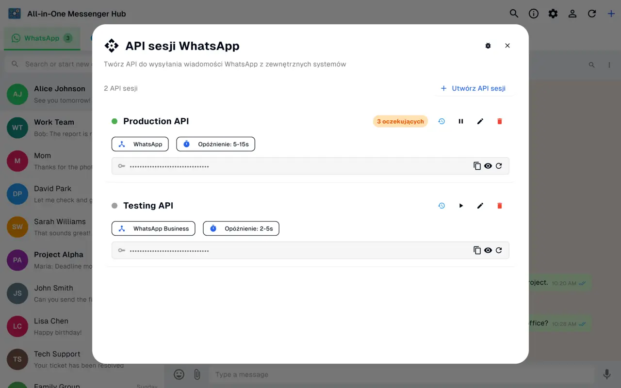 Ekran WhatsApp Session API z bezpiecznym kluczem API do programowego wysylania wiadomosci