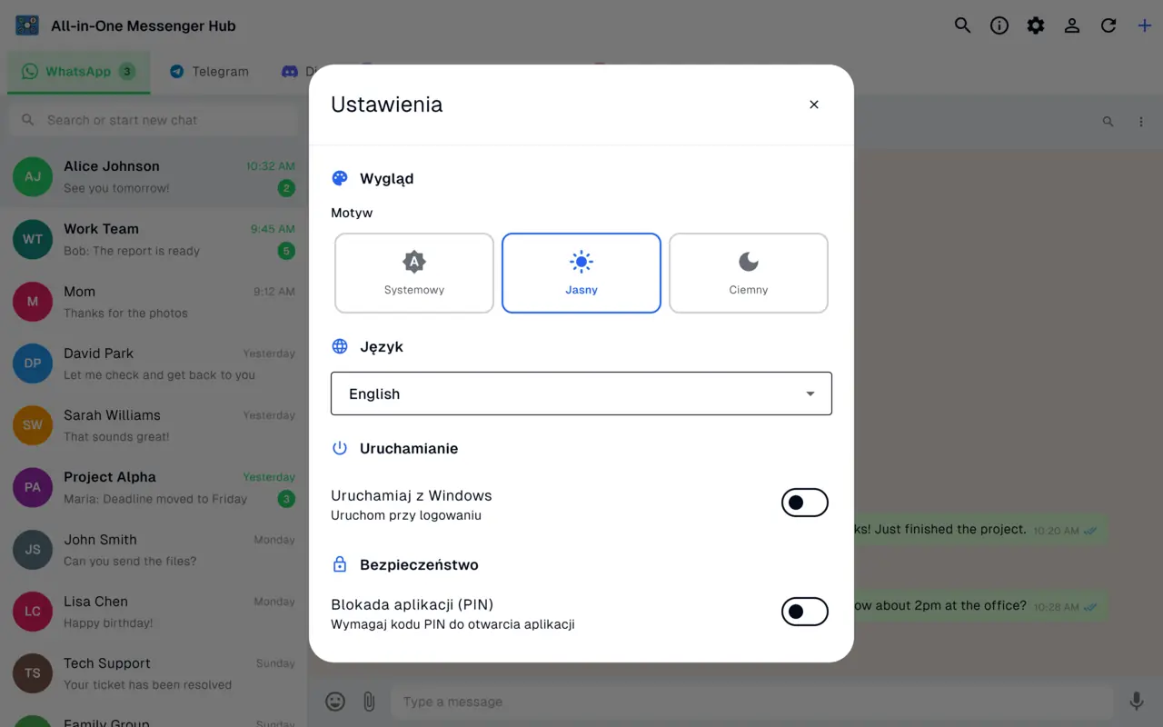 Panel ustawien z motywami jasnym, ciemnym i systemowym oraz opcjami uruchamiania z Windows