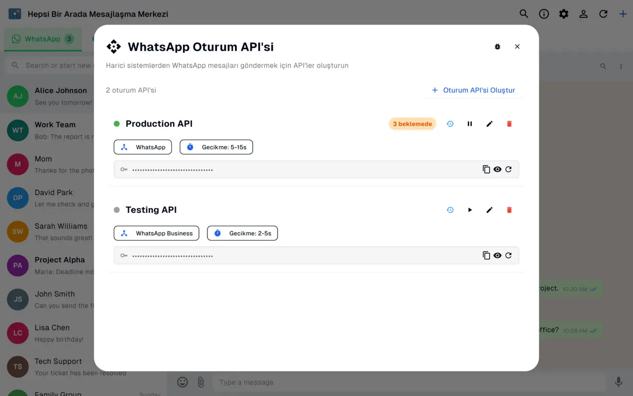 Programatik mesajlaşma için güvenli bir API anahtarına sahip WhatsApp Session API ekranı