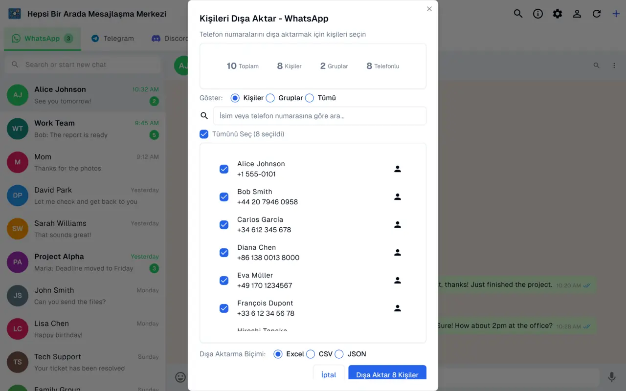 WhatsApp kişilerini ve gruplarını Excel, CSV ve JSON'a dışa aktarma