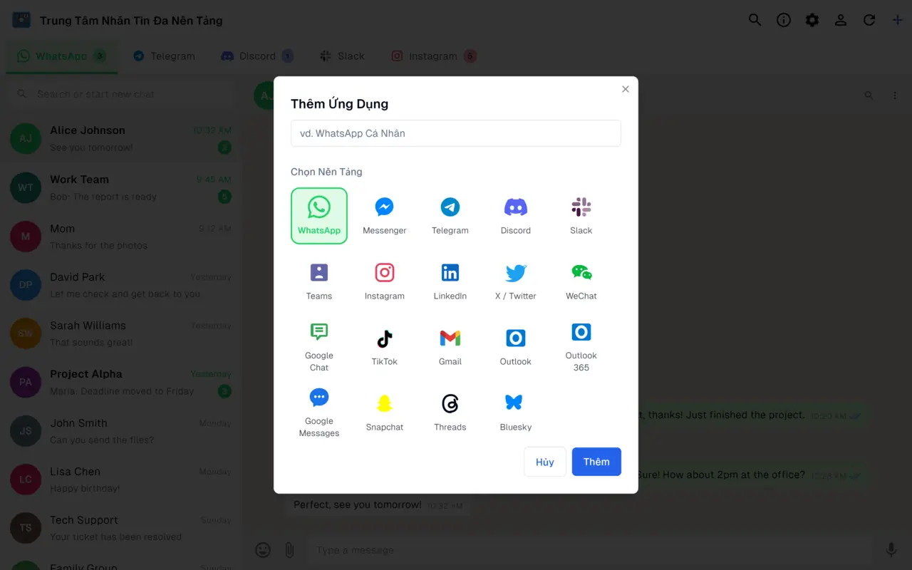 Hộp thoại thêm nền tảng nhắn tin liệt kê 21 nền tảng nhắn tin và email được hỗ trợ
