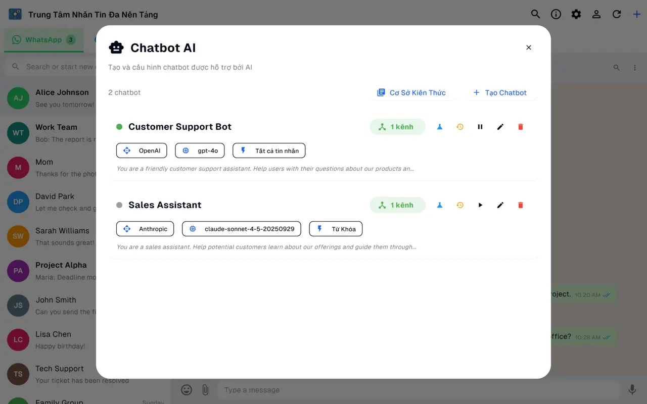 Trình quản lý chatbot AI tạo các bot trả lời tự động với OpenAI và Anthropic cho WhatsApp, Messenger và Instagram