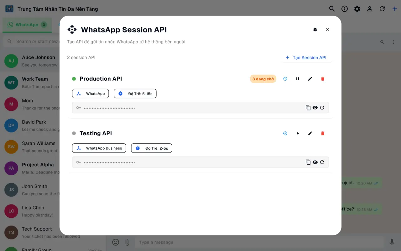 Màn hình WhatsApp Session API với khóa API an toàn để nhắn tin theo chương trình